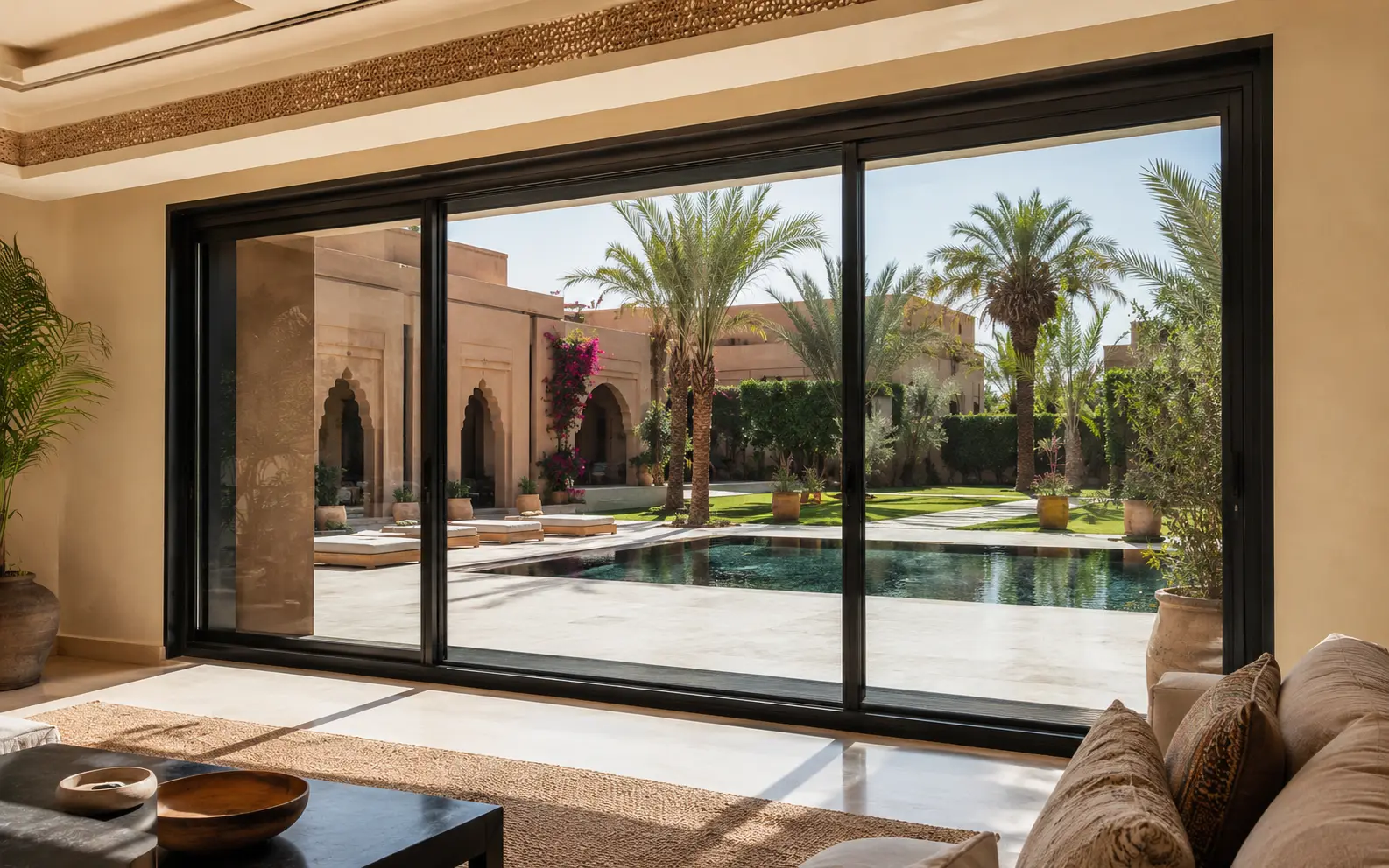 Baie vitrée aluminium noire donnant sur la piscine d’une villa à Marrakech