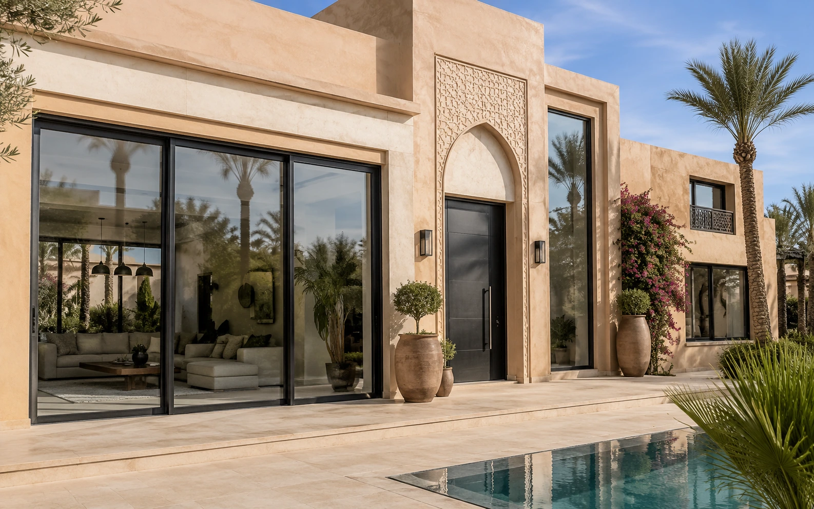 Projet complet de menuiserie aluminium noire dans une villa moderne à Marrakech