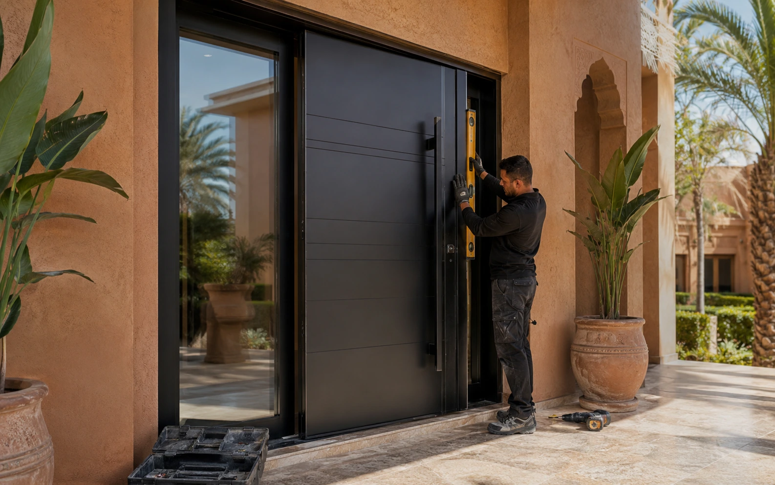 Installation professionnelle d’une porte aluminium dans une villa à Marrakech