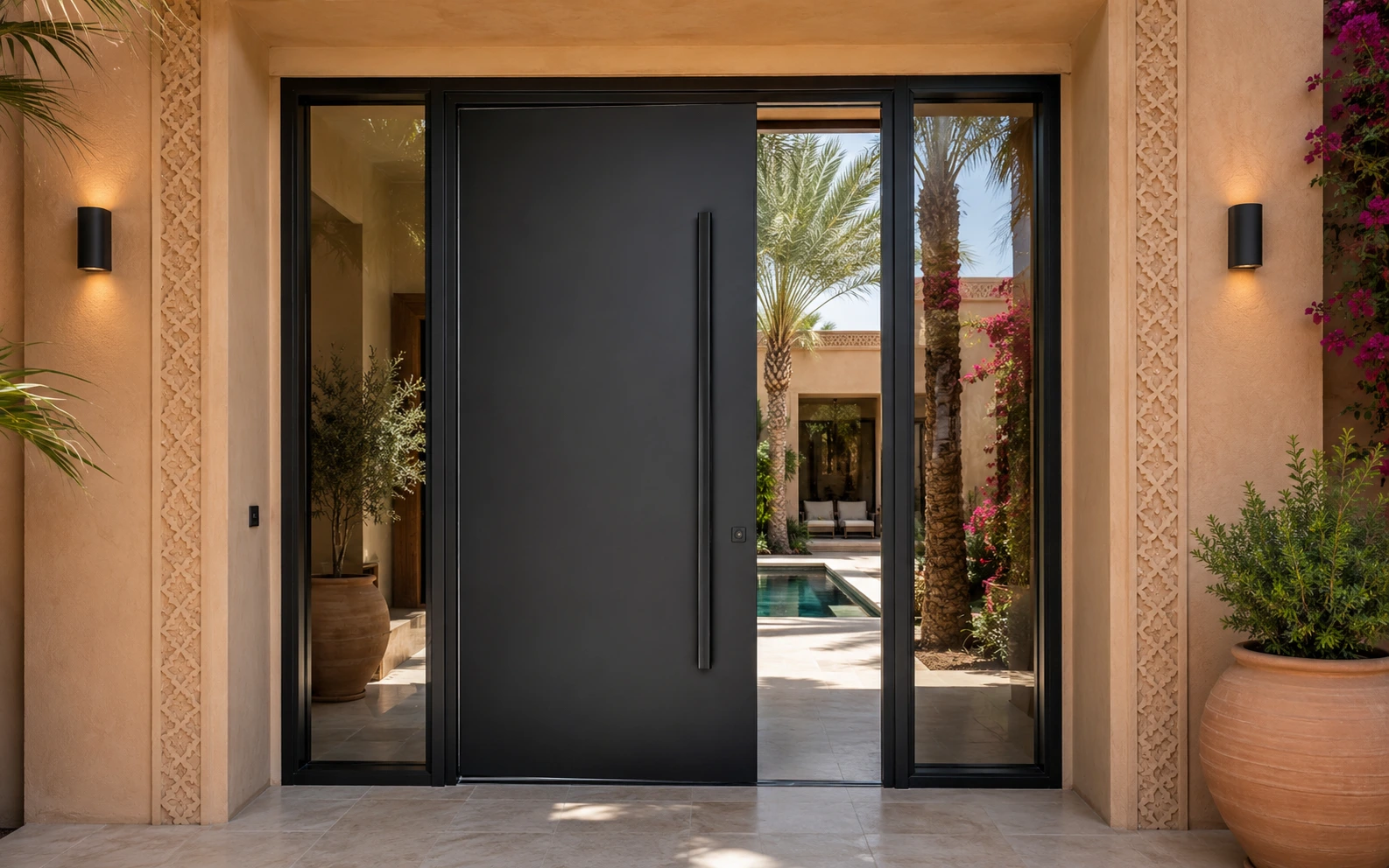 Porte aluminium moderne noire installée dans une villa à Marrakech